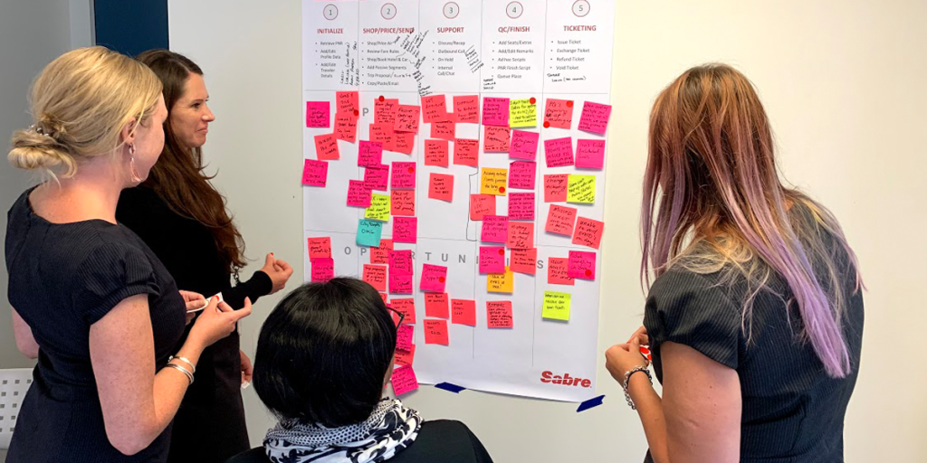 Flight Centre Corporate Travel Consultants discussing a journey map with sticky notes containing pain points