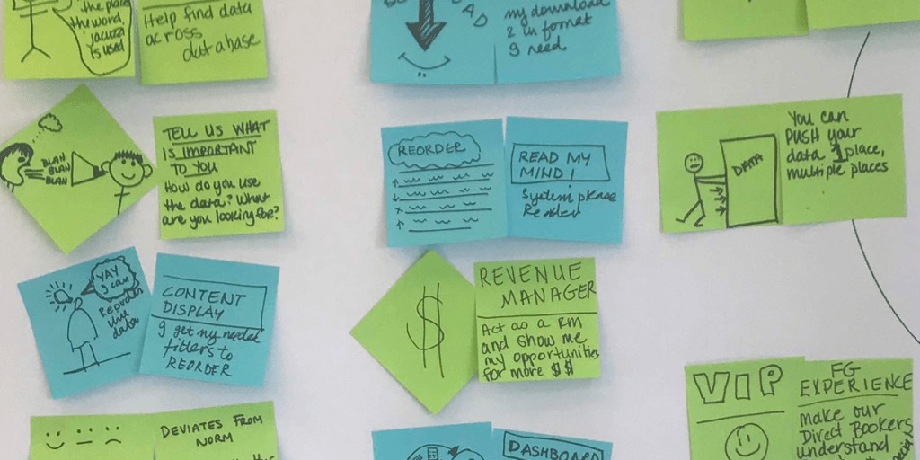 Close up of sticky notes with Big Ideas captured during a Design Thinking workshop