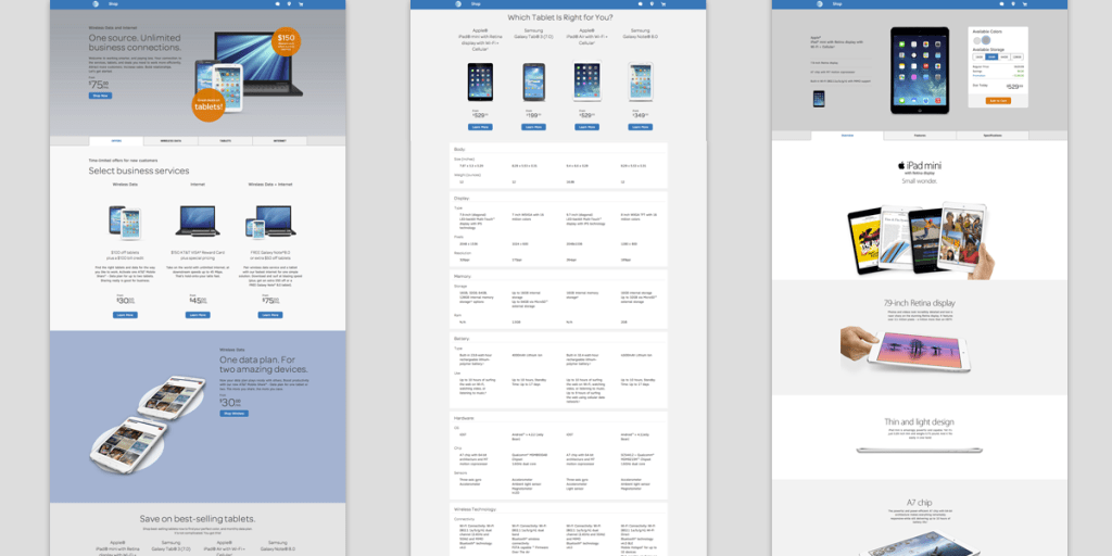 Selected screens of a Small Business Sales Portal selling mobile phones, tablets and internet