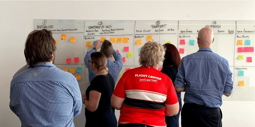 Leisure Travel Consultants adding sticky notes to a journey map during a workshop